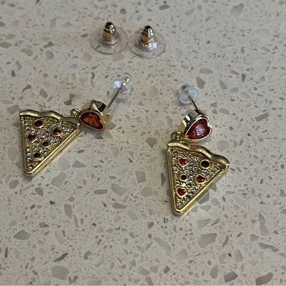 Gold and Red Heart Pizza Earrings - Picture 9 of 11